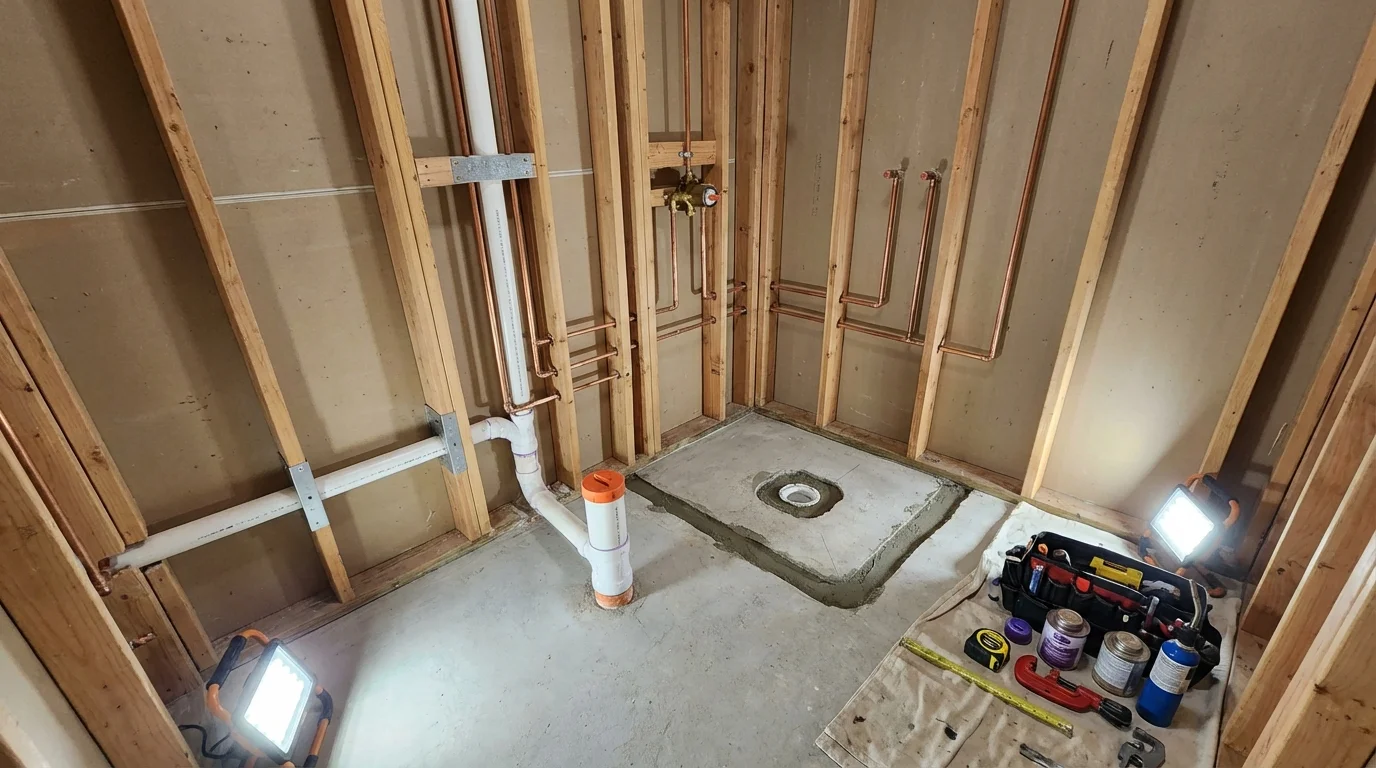 Bathroom rough-in plumbing during remodel by Johns Plumbing LLC in Westhampton Beach
