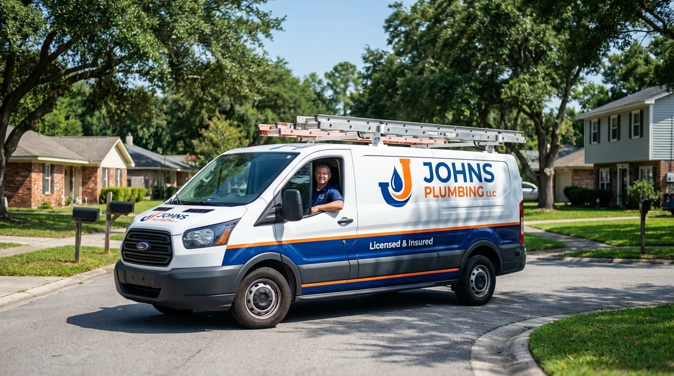 Johns Plumbing LLC service van in Westhampton Beach, NY