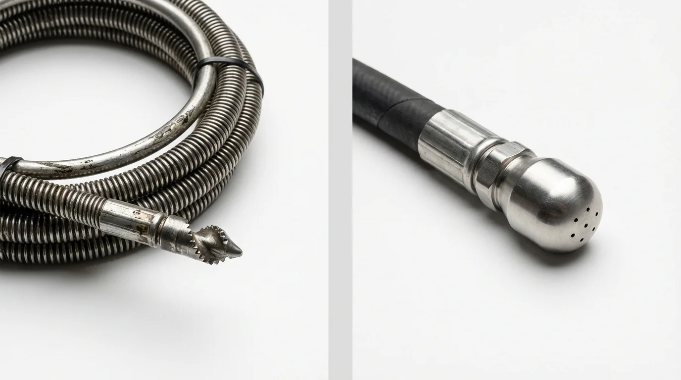 Drain snake cable and hydro jetting nozzle used for drain cleaning in Westhampton Beach, NY