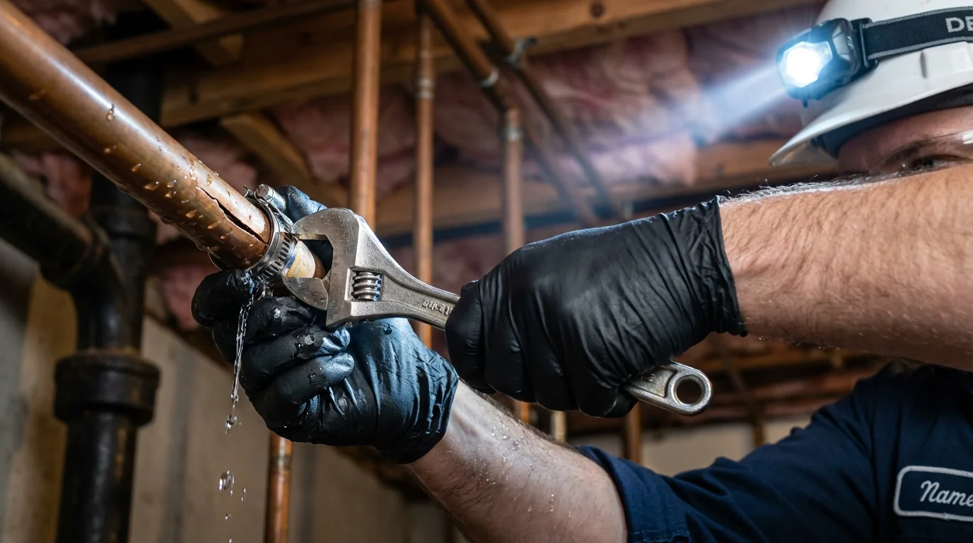 Emergency pipe clamp repair being performed by a Johns Plumbing LLC plumber in Westhampton Beach
