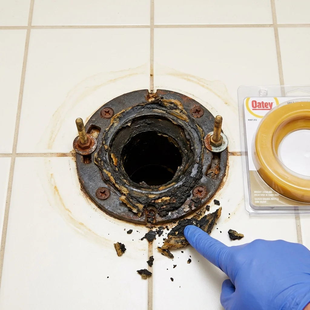 Failed wax ring showing water seepage at the base of a toilet in a Westhampton Beach, NY home