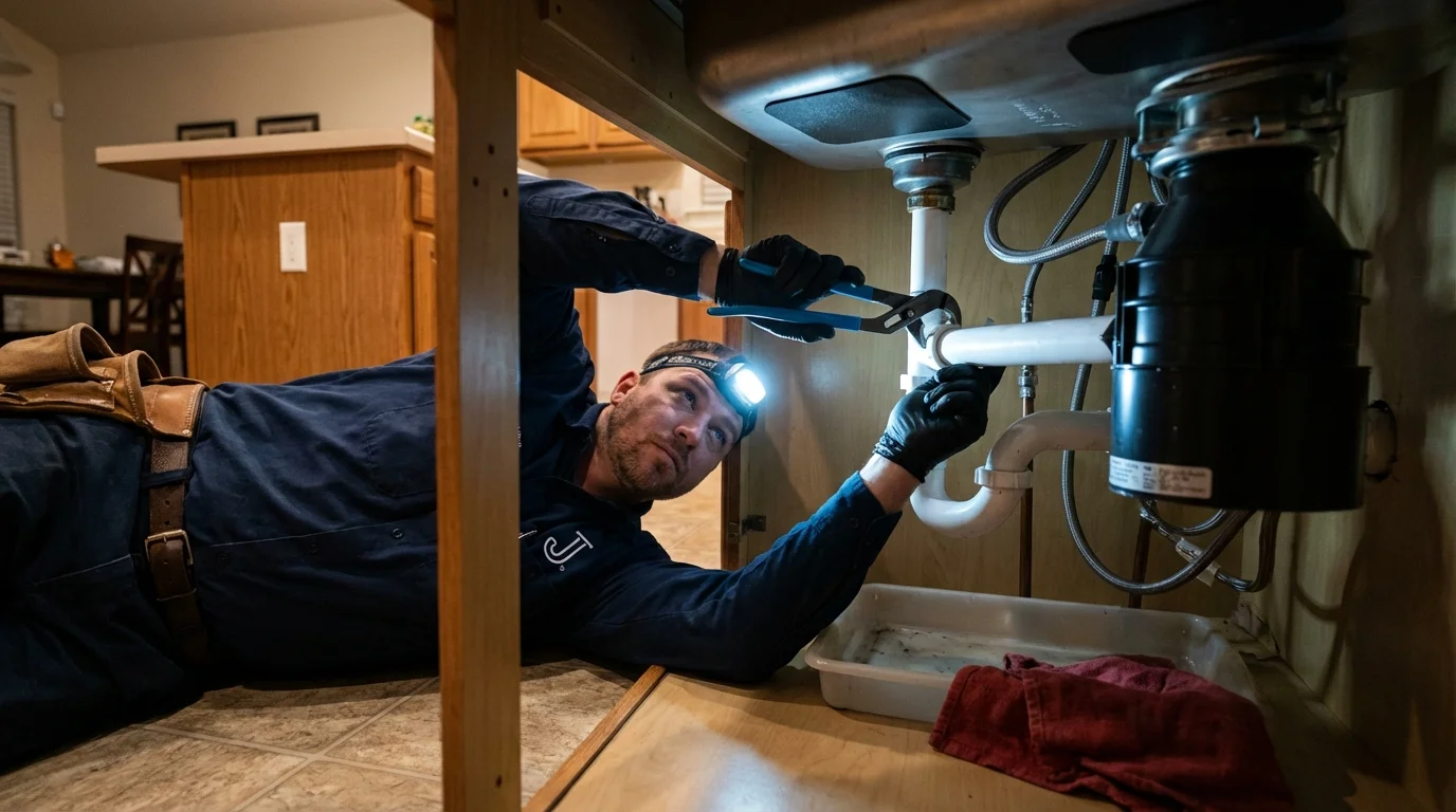 P-trap and supply line connections under a kitchen sink showing a common leak point in Westhampton Beach, NY